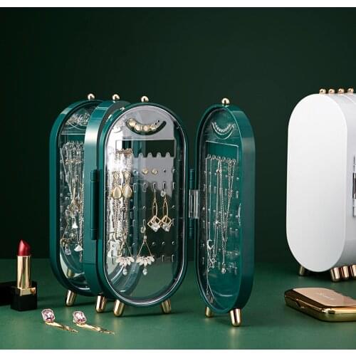 Jewelry Storage Box Earrings Bracelet Necklace Folding Display Stand Dustproof Storage Box with Mirror Makeup Boutique Cabinet
