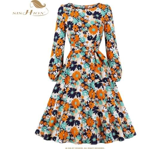 SISHION Casual Lady Long Sleeve Floral Print Dress Sweet Girl O-Neck High Waist A-Line Vintage Dress SP1270