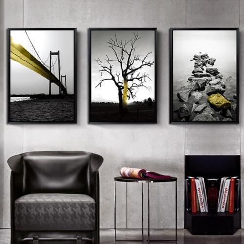 Nordic Modern Minimalism Black Landscape Tree and Bridge Gold Gravel Road Canvas Painting Wall Picture Living Room Decora Poster