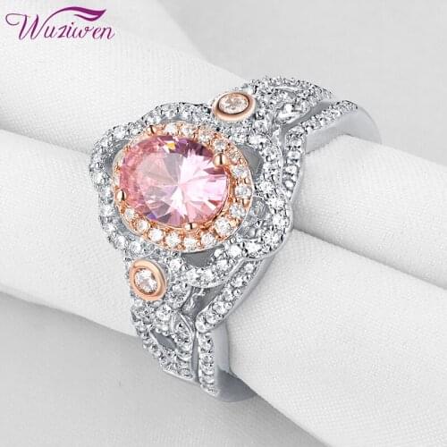 Wuziwen Solid 925 Sterling Silver Wedding Rings For Women Halo Rose Gold Color Pink Oval AAAAAZircons Engagement Ring Bridal Set