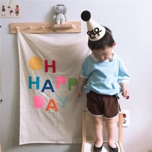 Nordic Birthday Decoration Oh Happy Day Cotton Canvas Background Kids Room wall Decoration Wall Hanging Tapestry Photo Props