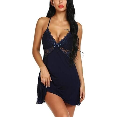 Women Lace Modal Sleepwear Chemises V-Neck Full Slip Babydoll Nightgown