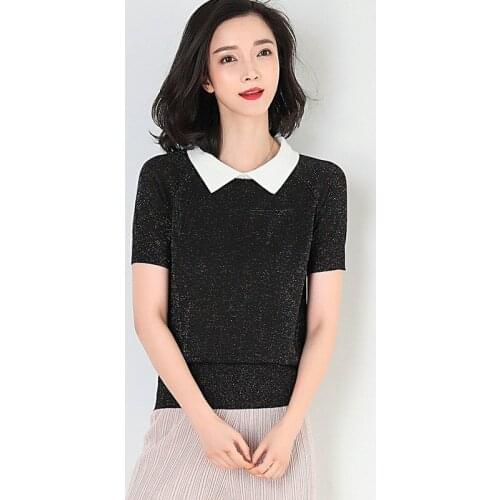 Girls Summer Simple Lapel Bow Sweater Shiny Thread Short Sleeve Womens Tops Ladies Knitted Knitwear Thin Cute Black Pullovers