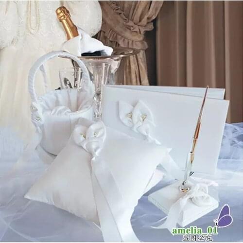4Pcs/set White Satin callas Wedding Decoration Bride Ring Pillow & Flower Basket & Guest Book & Pen Set fashion event supplies
