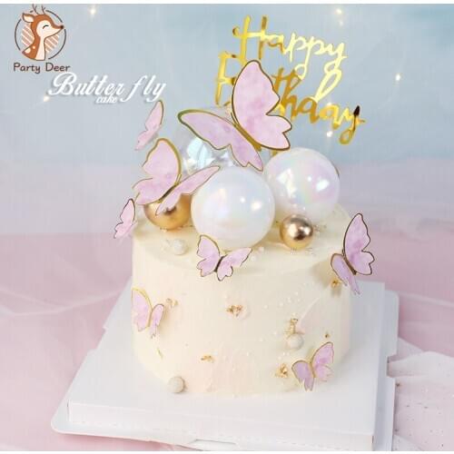 Biling Colourful pink Gold Butterfly Happy Birthday Cake Topper Wedding Bride Dessert Decoration for Birthday Party Lovely Gifts