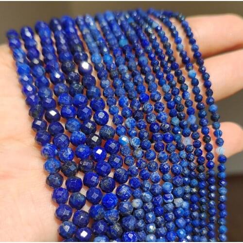 Natural Lapis Lazuli Bead Faceted Blue Stone Round Loose DIY Beads for Jewelry Making Handmade Bracelet 15inch 2/3/4mm