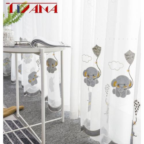 Cartoon Elephant Embroidery Childrens Window Screen For Kids Room Baby Room Boy /Girl Sheer Tulle Ready Made Curtain FQ028#4