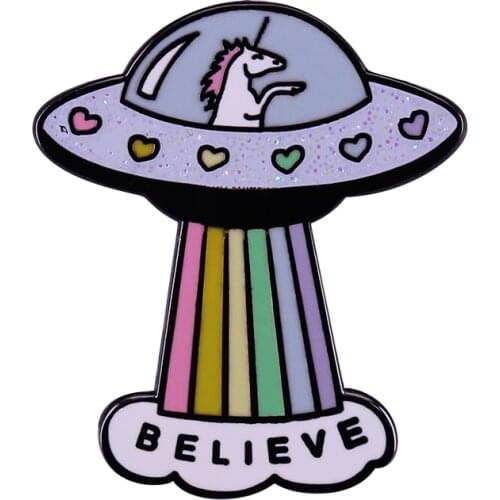 Rainbow Colors I Believe Rainbow UFO Spacecraft Enamel Brooch Pins Badge Lapel Pin Brooches Collar Jeans Jacket Fashion Jewelry