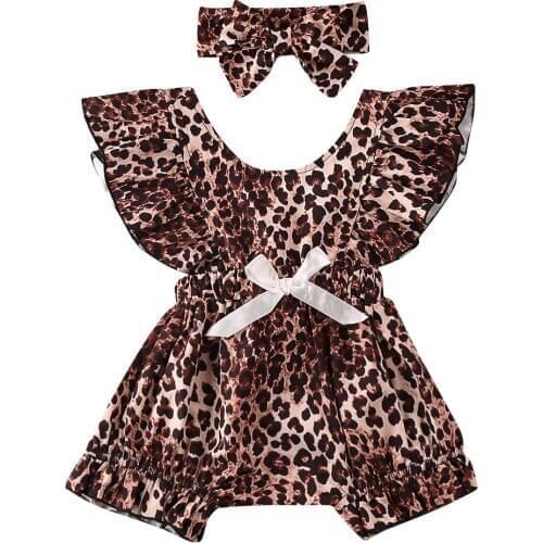 0-24M Infant Newborn Baby Girl Leopard Romper Ruffles Jumpsuit Bow Headband Summer Baby Girl Clothes