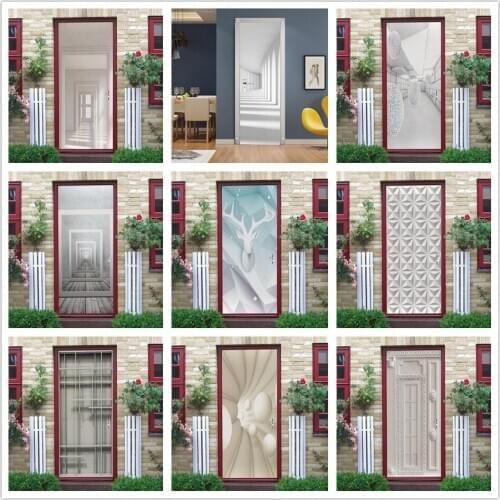 3D White Space Door Wallpaper PVC Modern Home Decor Door Sticker Peel & Stick Poster Kitchen Bedroom Decoration Mural Wall Decal