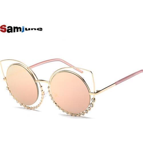 Samjune 2017 Fashion Sexy Cat Eye Sunglasses Women Coating Reflective Mirror Diamond Decoration Glasses Female Shades UV400