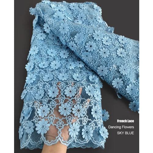 Plain sky blue 5 yards shiny African dancing french lace mesh net fabric with sequins Ghana Gambia wedding dress high quality