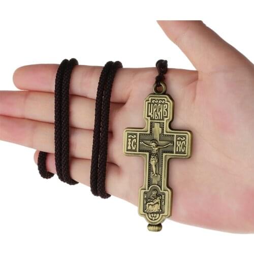 Holy Russian Eastern Orthodox Cross Necklace Virgin Mary Hold Jesus Pendant Necklace Rope Chain Women Men Prayer Jewelry Gift