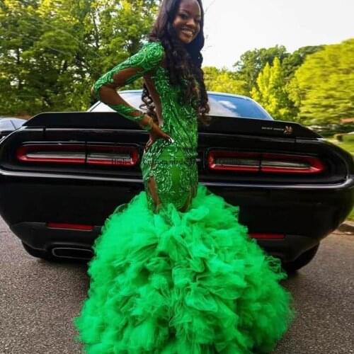 Lime Green 2021 Mermaid Prom Dresses Long Sleeve Sequined Ruffles Evening Gowns Plus Size Formal Prom Party Dress