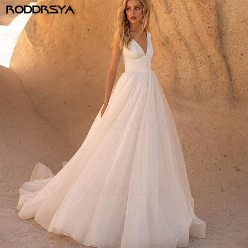 RODDRSYA Simple Wedding Dress Open Back Satin Organza Bride Dresses V Neck A-Line Beach Bride Gowns