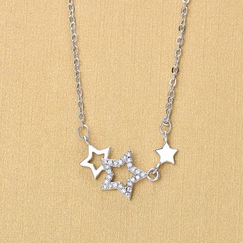 Luxury Bijoux 925 Sterling Silver Triple Crystal Star Pendant Necklaces For Women Collier Jewelry