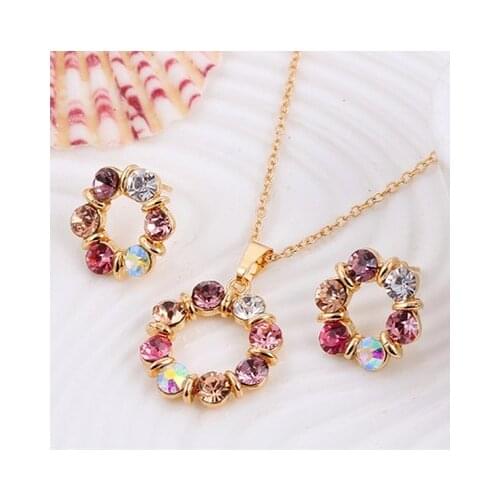Cute Female Crystal Round Jewelry Set Charm Gold Color Small Stud Earrings For Women Boho Rainbow Zircon Wedding Chain Necklace