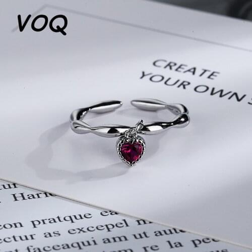 VOQ 925 Sterling Silver Ladies Wave Ring Small Pendant Rose Red Zircon Heart Ring CZ Elegant Ladies Jewelry