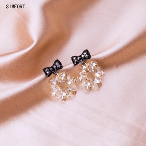 Womens 925 Silver Pin Earring Black Bow Shape Crystal Circle Elegant Fashion Simple Personality Alloy Decoration Jewelry Gift