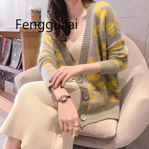 FENGGUILAI Loose Cardigan Women Sweater 2020 Autumn And Winter Leopard V-neck Long Sleeve Sweater Jacket Yellow Knit Top