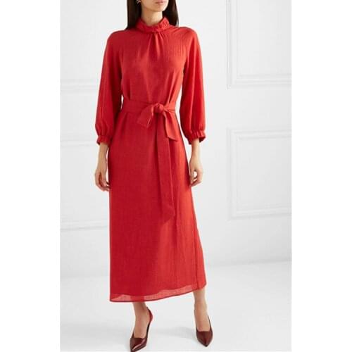 Summer And Autumn New Dresses Solid Color Stand Slim Long Sleeve Dress 2020 Red Navy Lantern Sleeve Hollow Out Women Dress