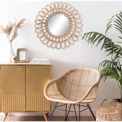 Gold decorative mirror Nordic characteristics handmade bamboo homestay primary color Indonesian rattan mirror hanging decoration