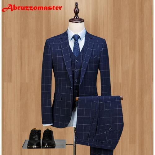 2020 Fashion Smart Casual Tailored Slim Fit Men Suits Blue Damier Wedding Suits For Best Men Men Tuxedos (jacket+Vest+Pant)