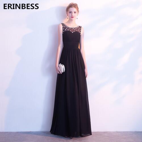 2020 Vestido De Festa Sexy Scoop Neck Black Evening Dresses Long Beaded A-line Floor Length Chiffon Evening Dress Formal Gowns