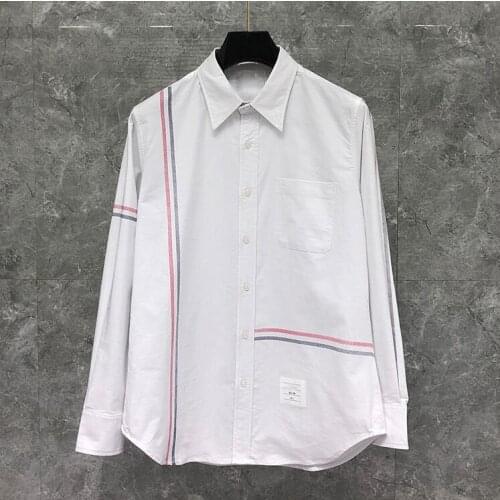 2021 Fashion Brand Shirts Men Long Sleeve Casual Shirt Turn Down Collar Oxford Splice Striped White Mens Clothing