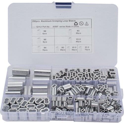 250PCS Crimping Loop Sleeves Kit Aluminum Double Barrel Ferrule Clips For Wire Rope And Cable 8 Sizes M1.2-M6