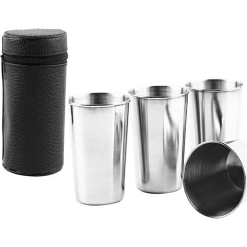 4Pcs/Lot 150ml Outdoor Tableware Travel Cups Set Stainless Steel Camping Cup with Black PU Leather Portable wine Whiskey Mugs