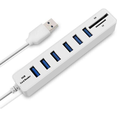 6-Port USB 2.0 HUB With SD/TF Card Reader USB Data Hub 2 In 1 SD/TF Multi USB Combo with 3ft Cable for Mac PC USB Flash Drives