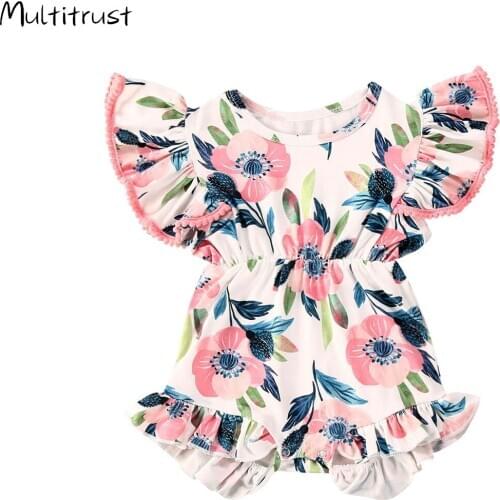 Infant Baby Girls Floral Print Bodysuits Ruffles Short Sleeve 2020 Summer Lovely Jumpsuits 0-24M