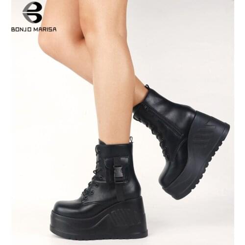 BONJOMARISA Fashion Brand Goth Platform Pocket Combat Womens Boots Wedges Fashion Zipper Punk Casual High Quality Women Shoes