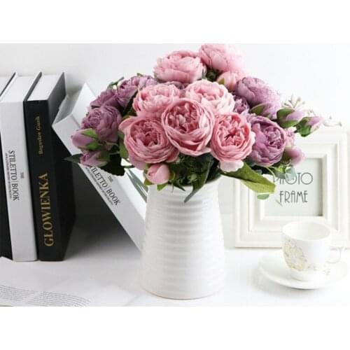 5 Big Head Silk Cloth Artificial Flower Bouquet Peony Dried Fake Flower Branch for Family Wedding Living Room Mothers Day