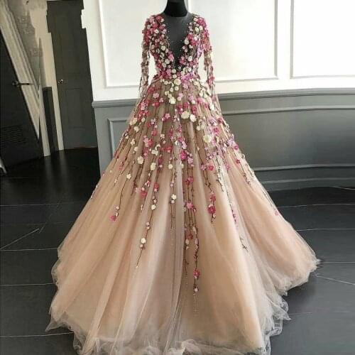 Dubai Evening Dresses robe de soiree abiye Floral Tulle V Neck Elegant Dress Party Evening Gowns Long Sleeves abendkleider