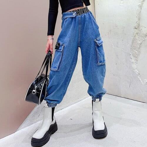 Trend Girls Jeans Side Patch pockets Cargo Pants Autumn Hip Hop Childrens Denim Pants 7 8 9 10 11 12 13 Years Teens Girls Jeans
