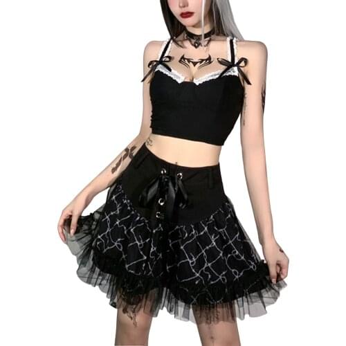 Gothic sexy lace mesh gauze check print skirt black high waist lace up puffy skirt Japanese JK cosplay dresses girl kawaii skirt