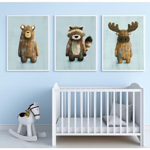 Watercolor Woodland Baby Animal Posters Racoon Bear Poster Nursery Wall Art Canvas Painting Nordic Kid Room Decoration Picture