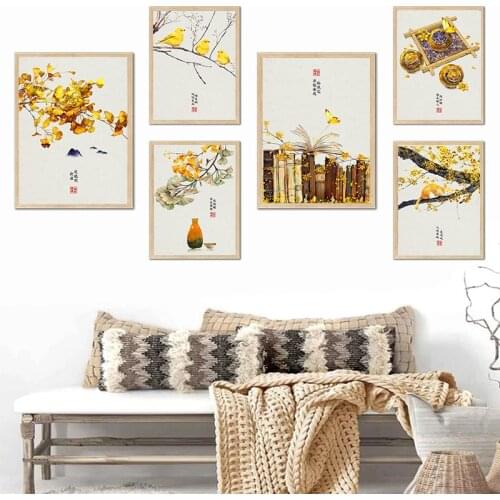 Chinese Style Canvas Painting Ancient Poetry Autumn Landscape Wall Print Art Picture Plant Cat Butterfly Poster Home Decoration