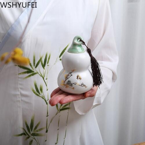 Ceramic Tea Cans Cute Gourd Shape Tea Caddy Tea Ceremony Accessories Spices Storage Box Chinese Small Candy Jar Home Decoration