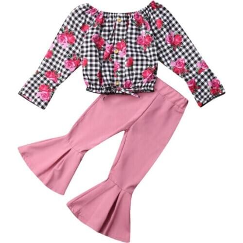 2PCS Kids Baby Girls Floral Tops Solid Pants Bell-bottoms Outfits Set Clothes Fashion Streetwear Rose Print shirt + Flare Pants