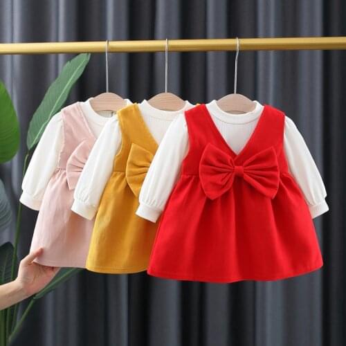 Children cloths Baby girls Sweet Princess suit baby infant long sleeve T-shirt + Bow overall Dress 2pcs sets Kids