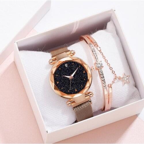 Gold Fashion Bracelet Women Watches Girls Quartz Stainless Steel Mesh Band Magnet Starry Sky Wrist Watch Ladies Dress Clock