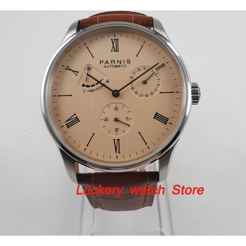 Parnis mens watch 42mm Silver case DATE Power reserve orange dial 5ATM ST1780 Automatic movement wrist watch-PA21