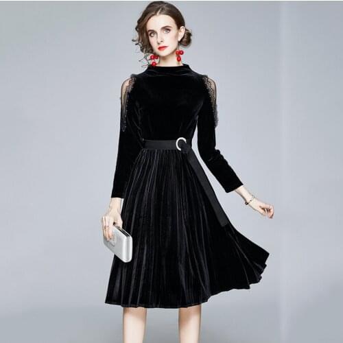 French Style Dress Winter Black Velvet Dress Women Mesh Patchwork Elegant Pleated Dresses Party Casual Vestdios Mujer