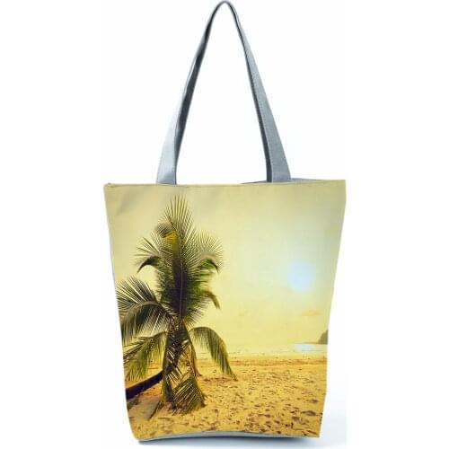 Sunset Landscape Handbags Beach Coconut Tree Printed Tote Casual Storage Shoulder Bag Outdoor Portable Shopping Bag Eco Friendly