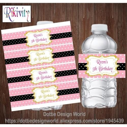 Custom Pink Black Polka Dots Water Bottle Wine Labels Waterproof Candy Bar Wrapper Sticker Birthday Party Baby Shower Decoration