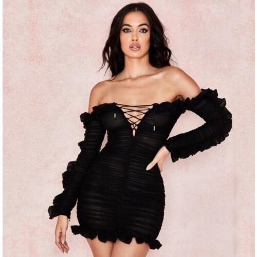 HQBORY Sexy Black Slash Neck Long Sleeve 2019 Newest Arrival Clubware Bodycon Mini Dress New Year Celebrity Bandage Dress