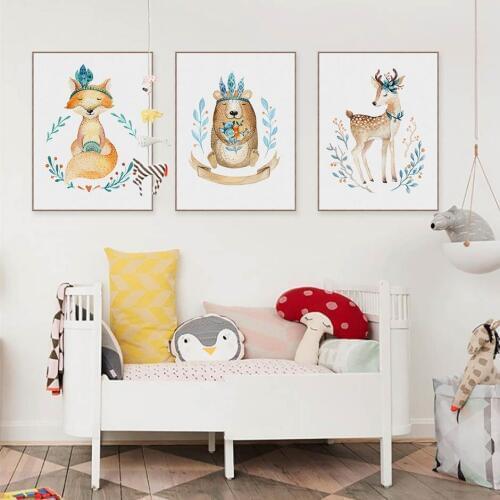 Modern Kawaii Garland Animal Bear Deer Fox Poster Nordic Living Room Wall Art Print Pictures Home Decor Canvas Painting Custom